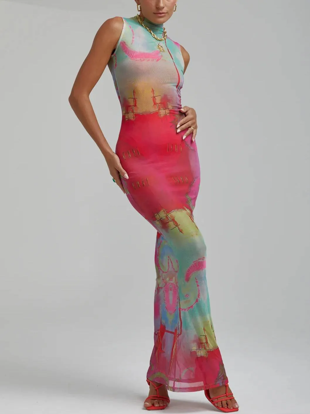 Unique Printed Sleeveless Slim-Fit Long Dress