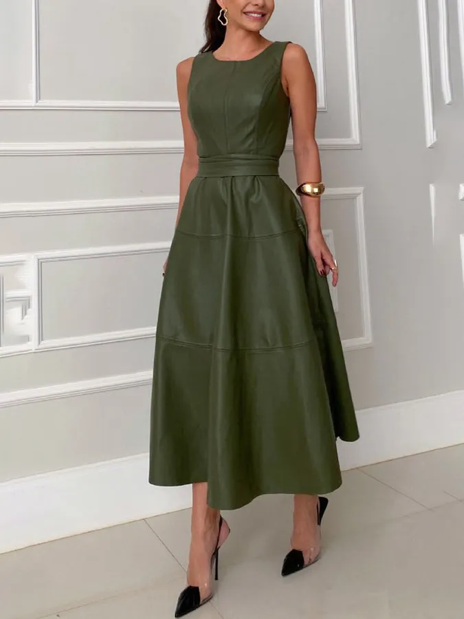 Fashion Round Neck Faux Leather A-Line Midi Dress