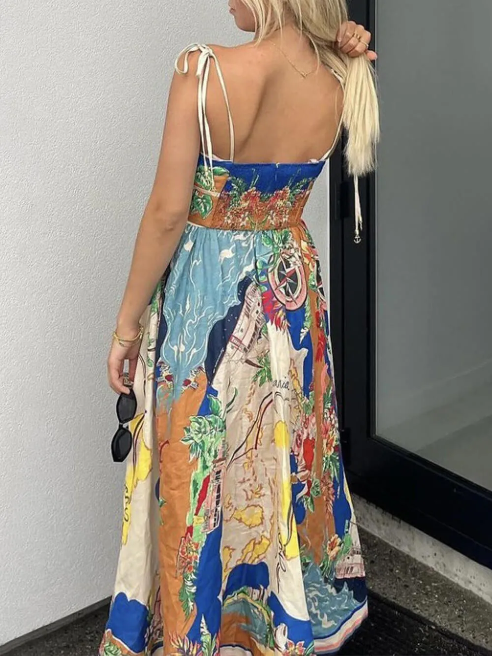 Unique Printed Lace-Up Suspender Pockets Midi Dress