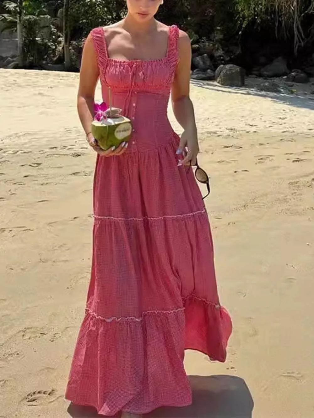 Vintage French Check Print Suspenders Drawstring Pleated Ruffle Maxi Dress