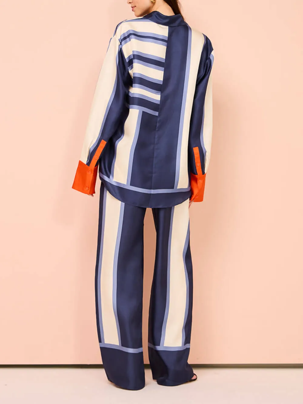 Striped Patchwork Unique Printed Elastic Waist Pocket Wide Leg Pants