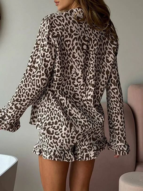 Leopard Print Long Sleeve Shorts Pajamas Suit