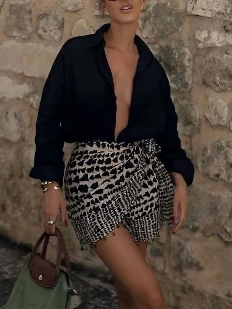 Retro Ethnic Beaded Geometric Print Skirt