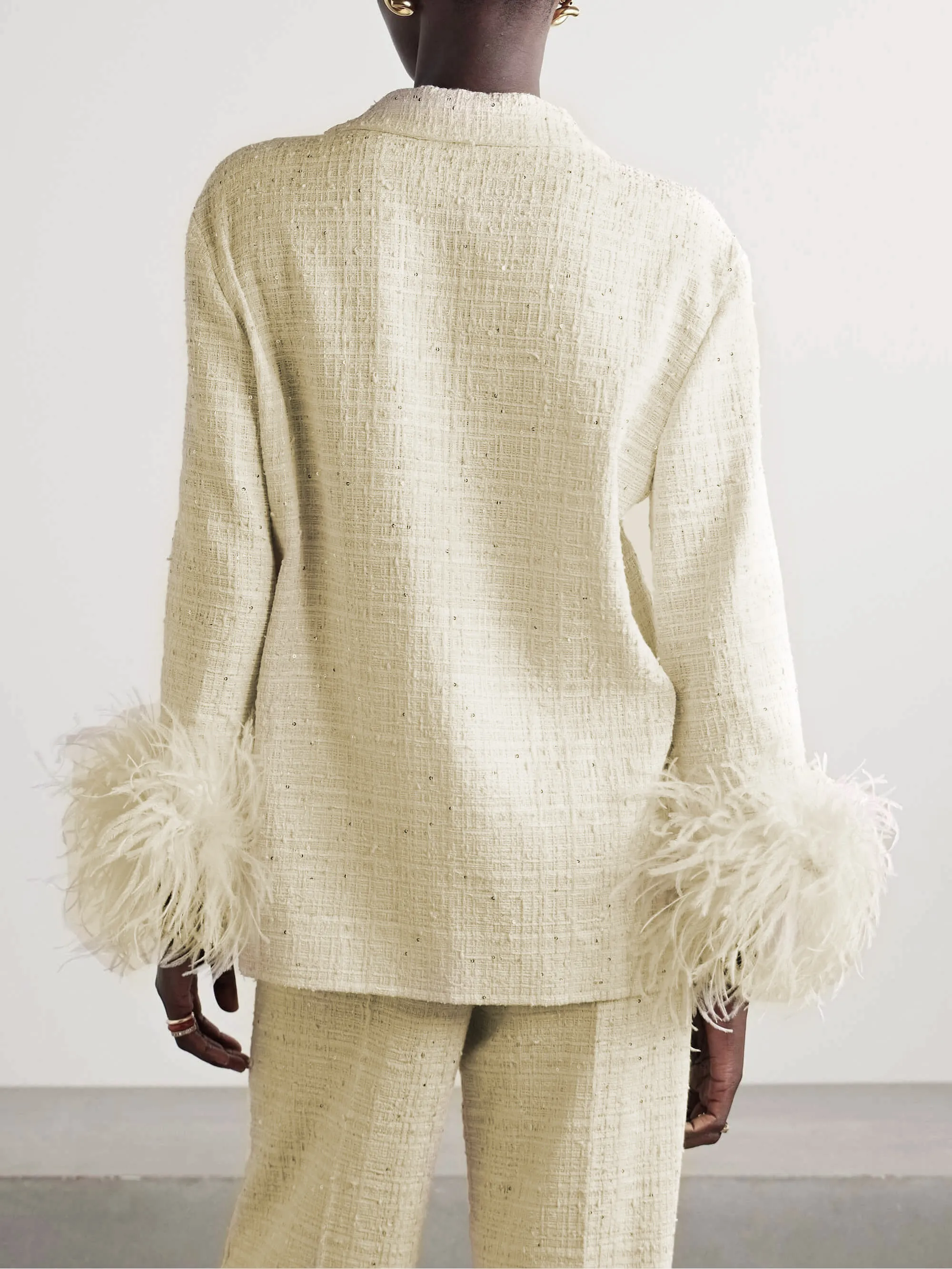 Elegant Feather-trimmed Embellished Tweed Blazer