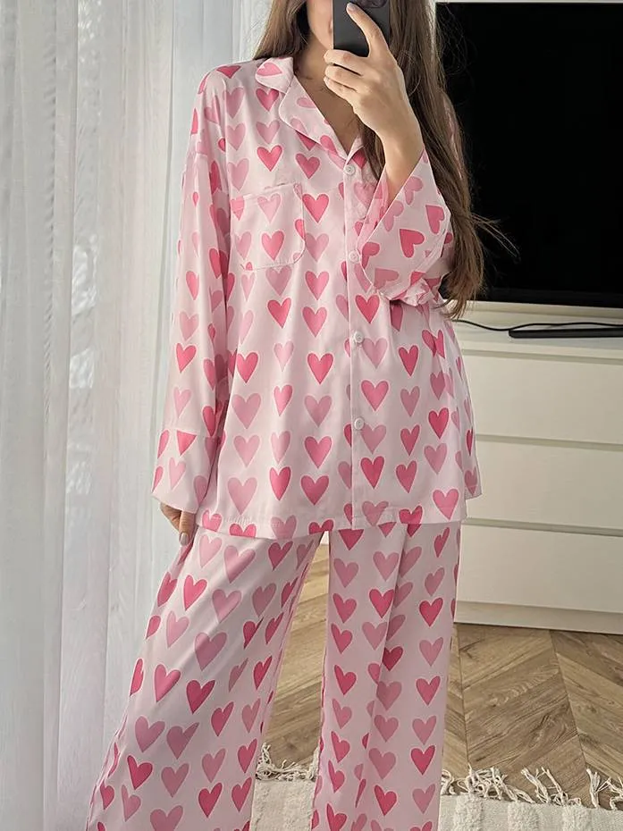 Heart Printed Long Sleeve and Long Pants Homewear Set