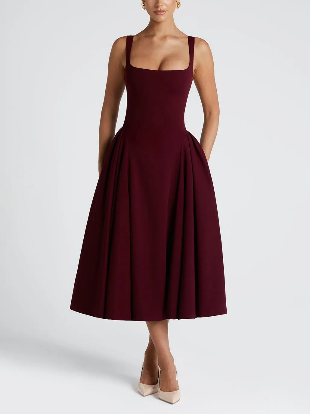 Elegant Retro Square Neck Slim Midi Dress