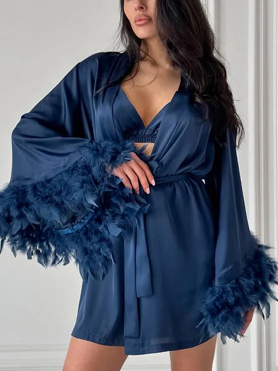 Feather Stitching Underwear Shorts Robe Three-piece Suit