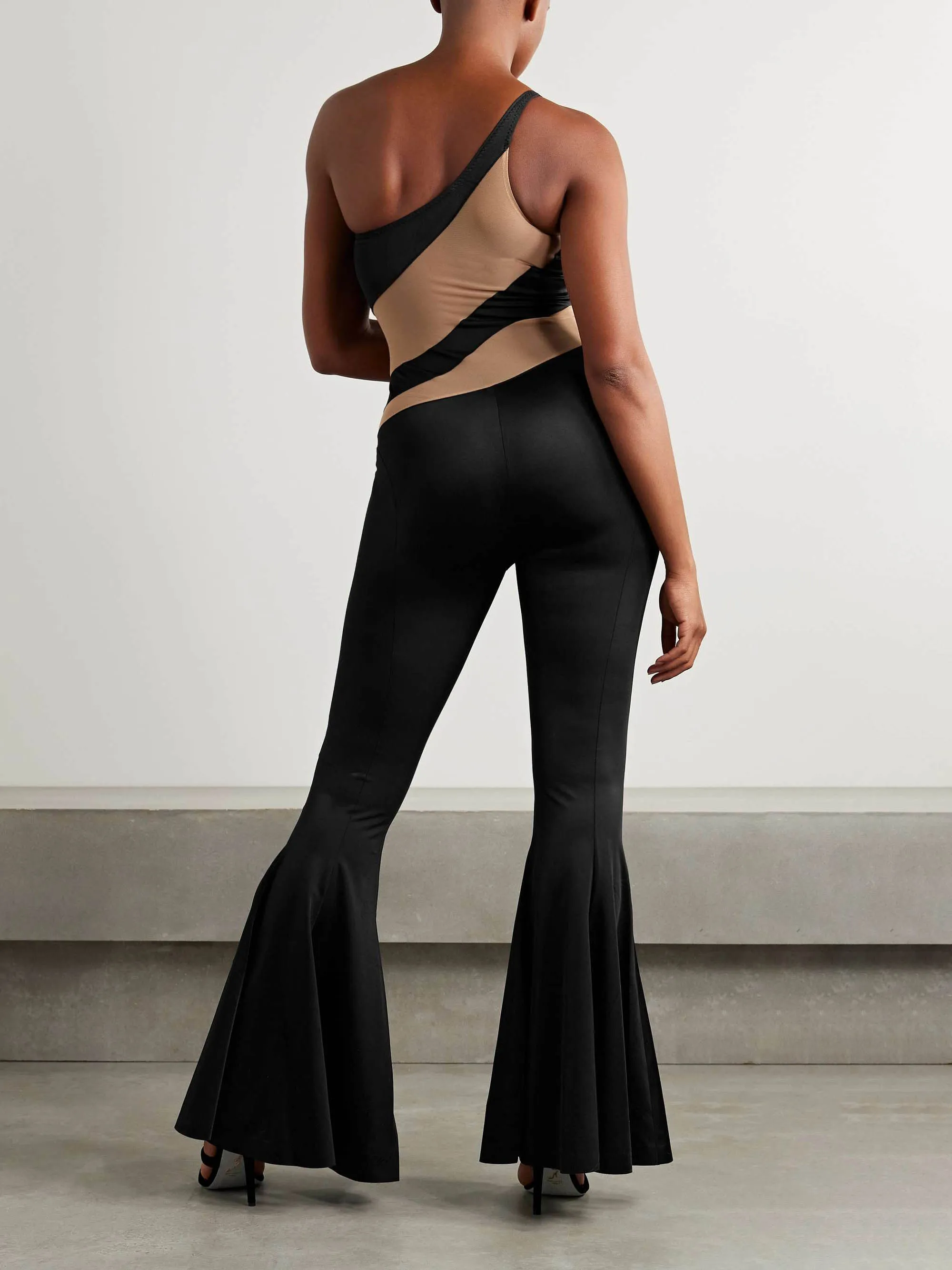 Elegant Off-shoulder Mesh Patchwork Flared Jumpsuit