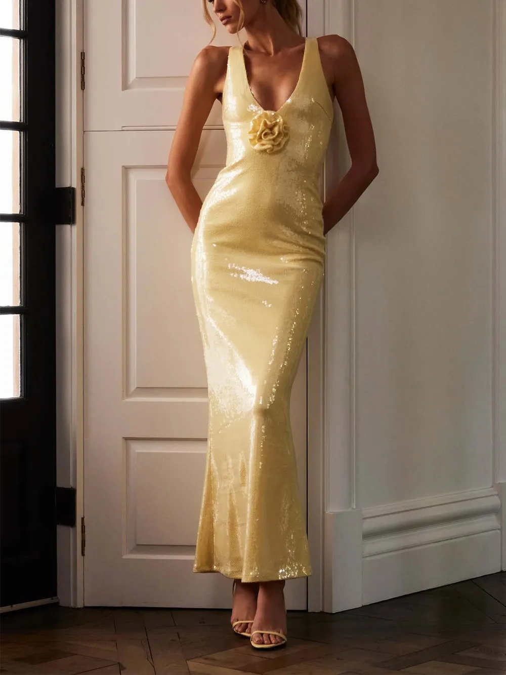 Sexy Hollow Sequined Slit Maxi Dress