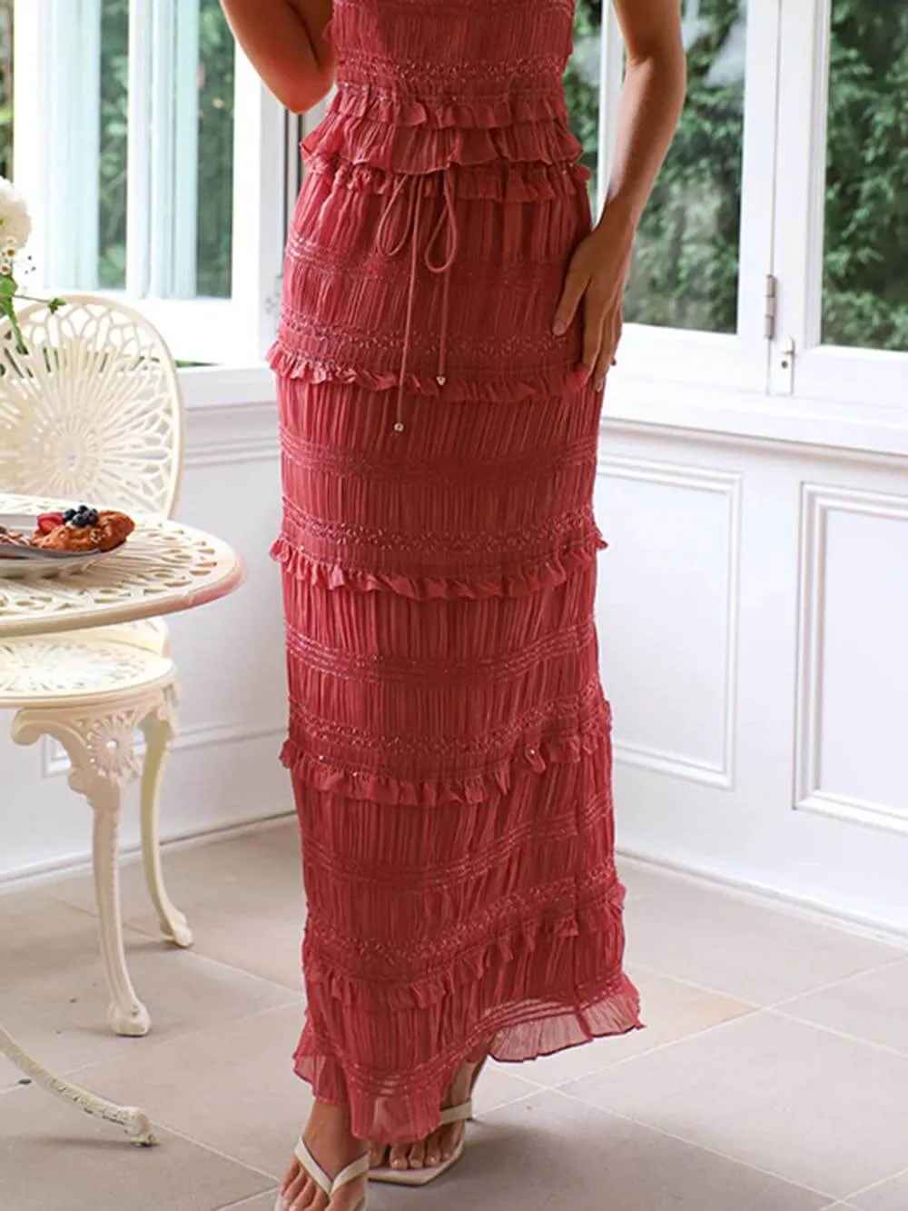 Charm Pleated Drawstring Elastic Waist Tiered Maxi Skirt