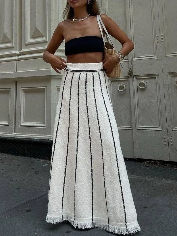 Casual Striped Tassel Knit Skirt