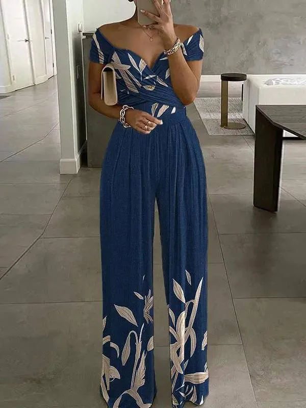 Off-shoulder Printed High-waist Jumpsuit
