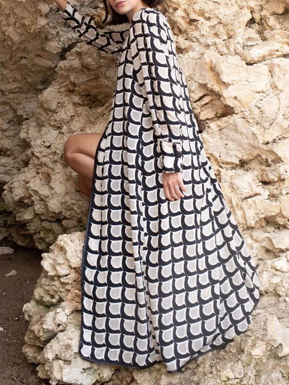 Retro Geometric Fish Scale Print Long Coat