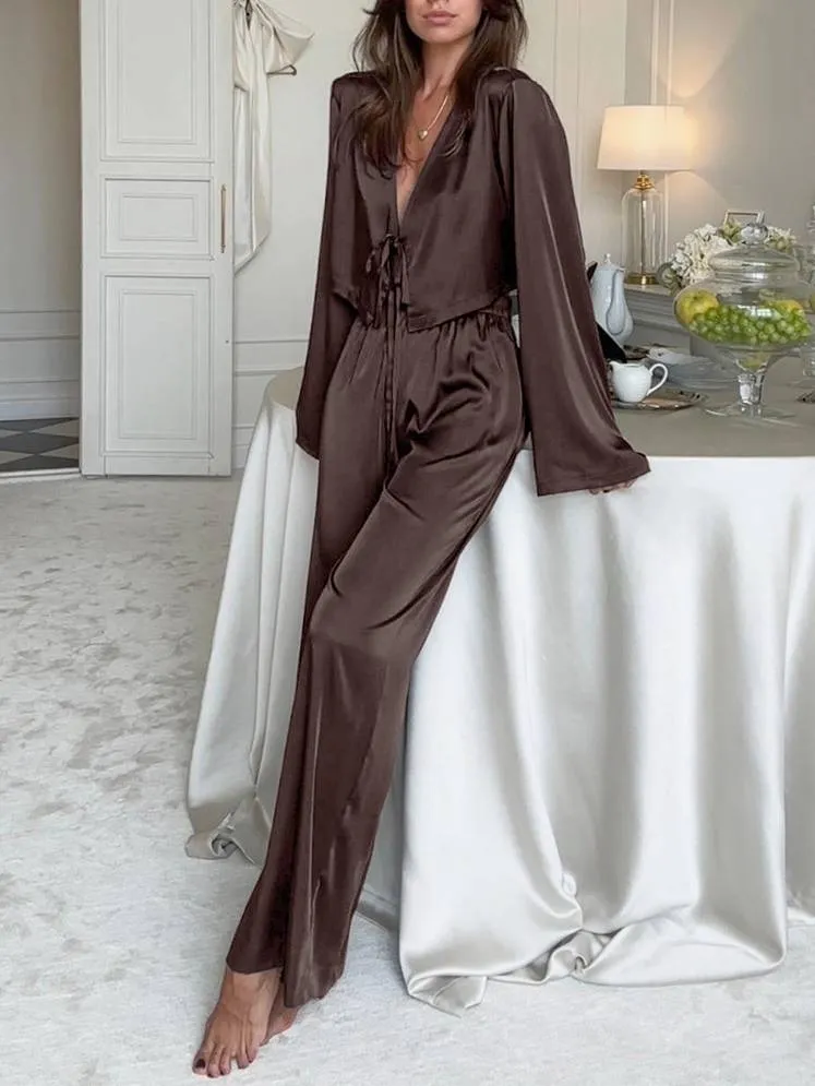 Lace-Up Cardigan Long-sleeved pants Homewear Two-piece Set