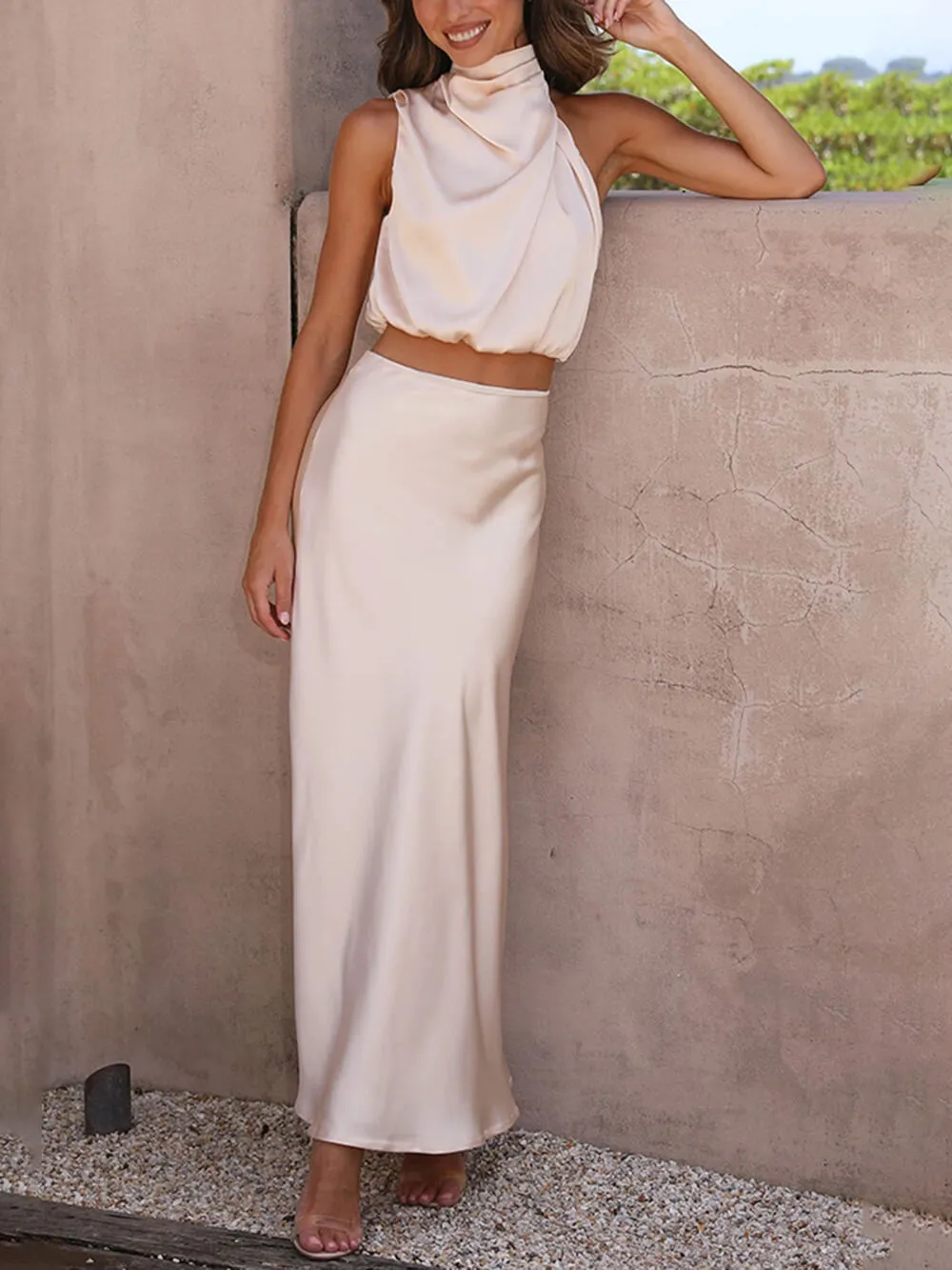 Elegant Such A Vibe High Neck Satin Drape Maxi Skirt Set