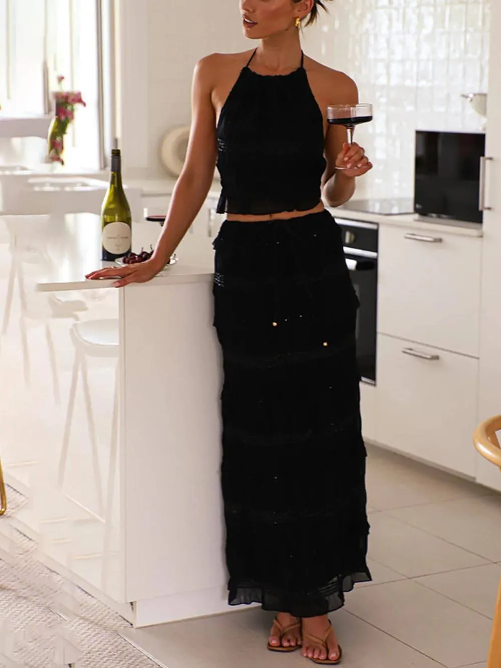 Charming Pleated Drawstring Sleeveless Chiffon Tank Top