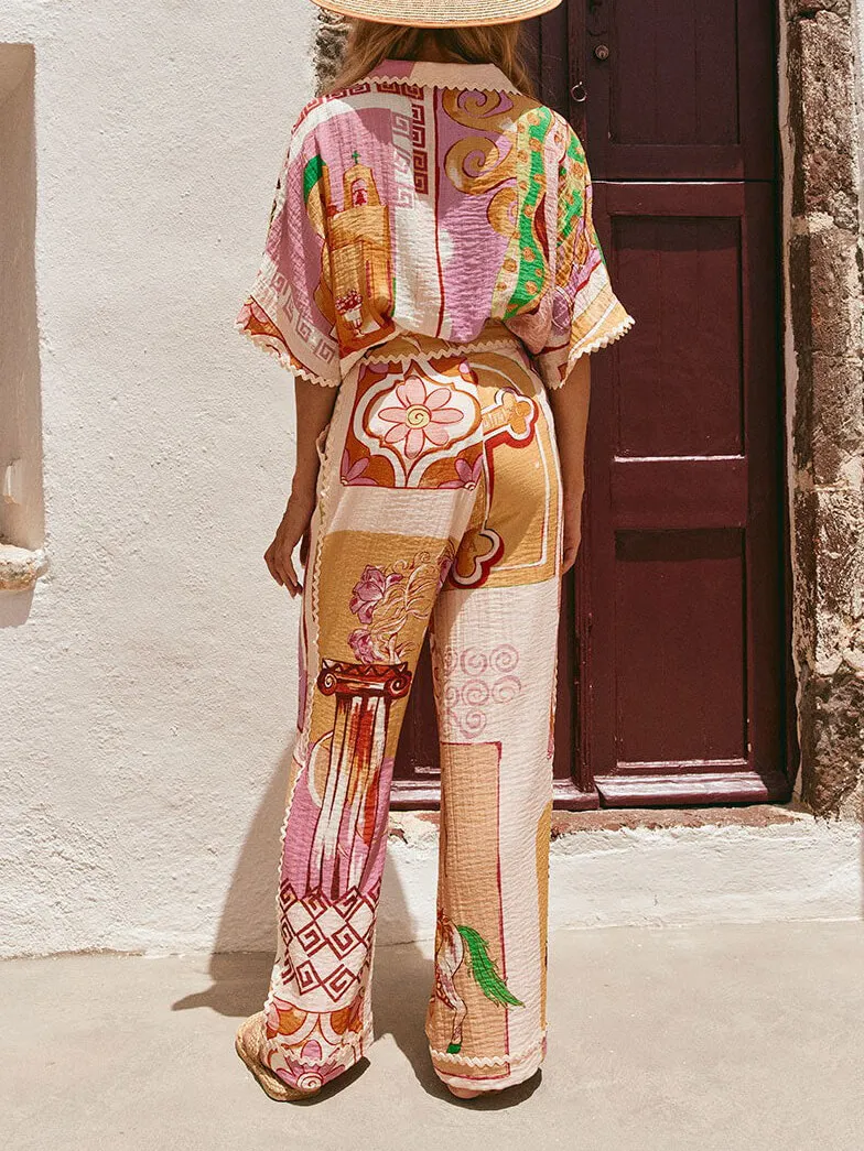 Casual Retro Print Lace Trim Loose Shirt