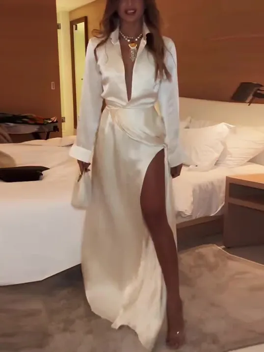 Elegant Deep V Neck Satin Long Sleeve Pleated Maxi Dress