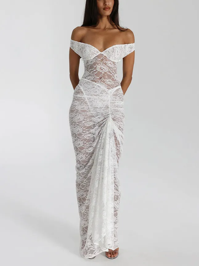 Sexy Lace Bodysuit Skirt Gathered Maxi Skirt Two-Piece Set