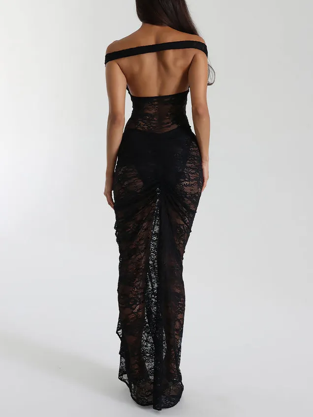 Sexy Lace Bodysuit Skirt Gathered Maxi Skirt Two-Piece Set
