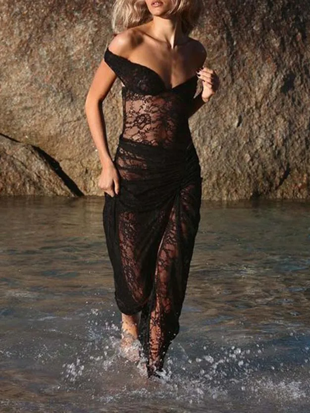 Sexy Lace Bodysuit Skirt Gathered Maxi Skirt Two-Piece Set