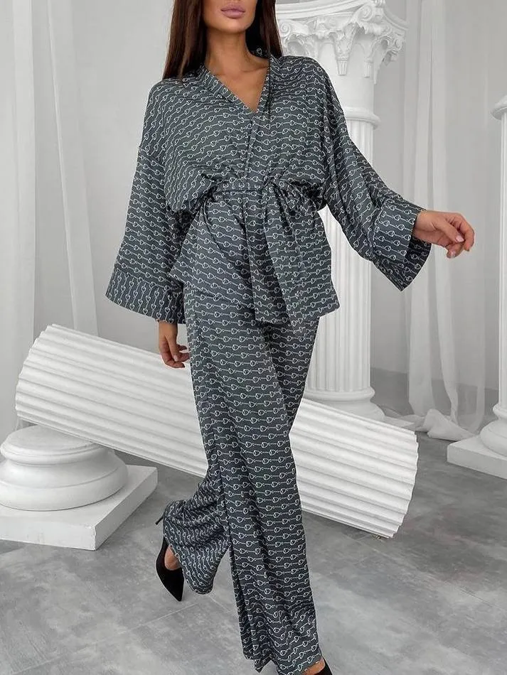 Printed Cardigan Nightgown Pants Home Wear