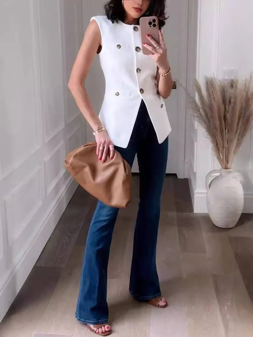 Casual Solid Color Sleeveless Multi-Button Blazer