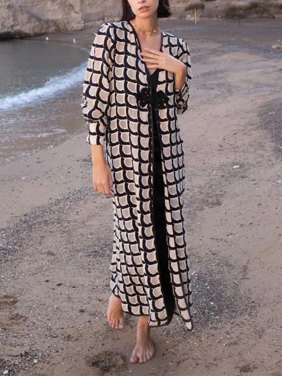 Retro Geometric Fish Scale Print Long Coat