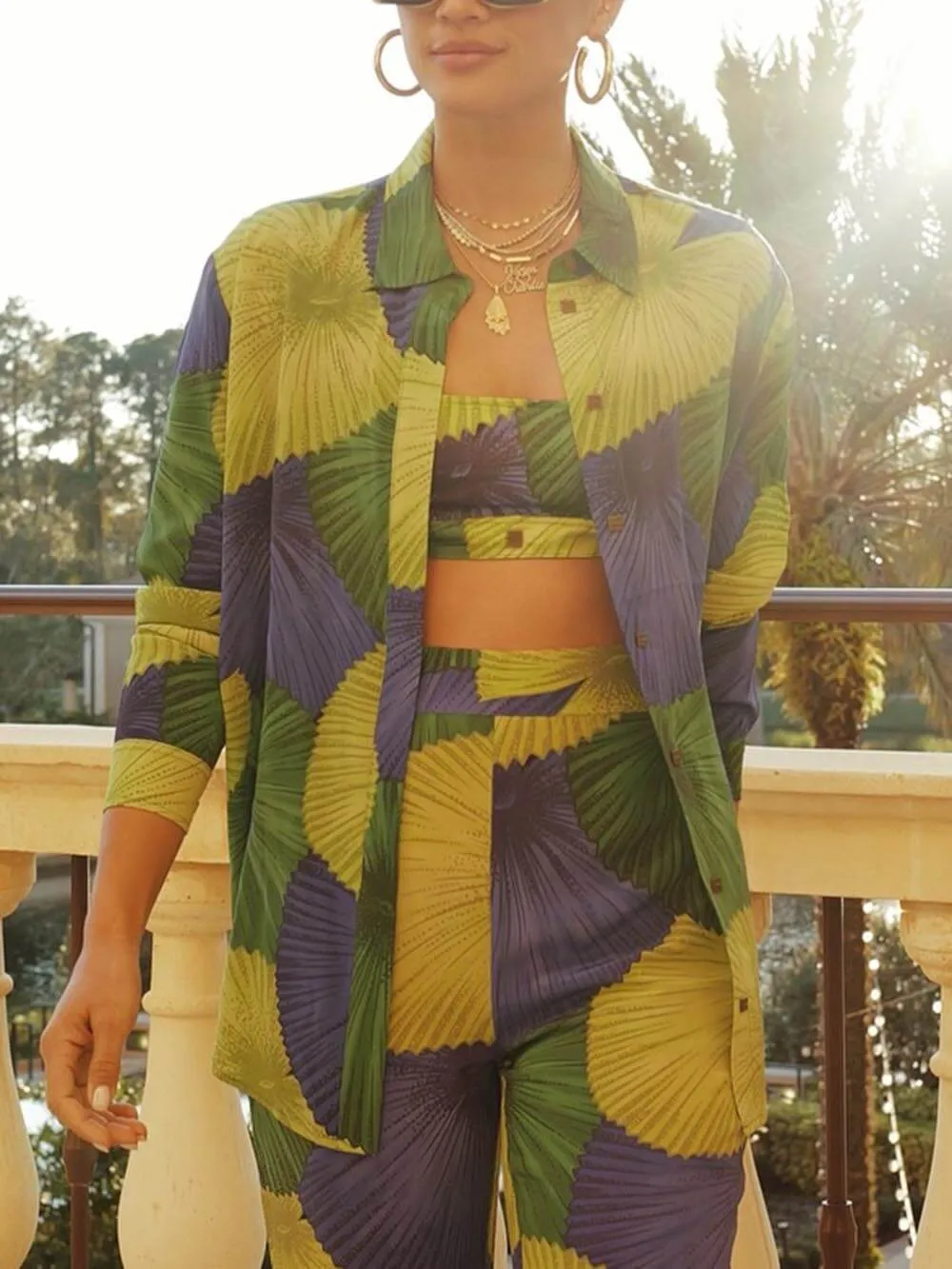 Retro Island Lover Yin Lotus Palm Print Loose Shirt