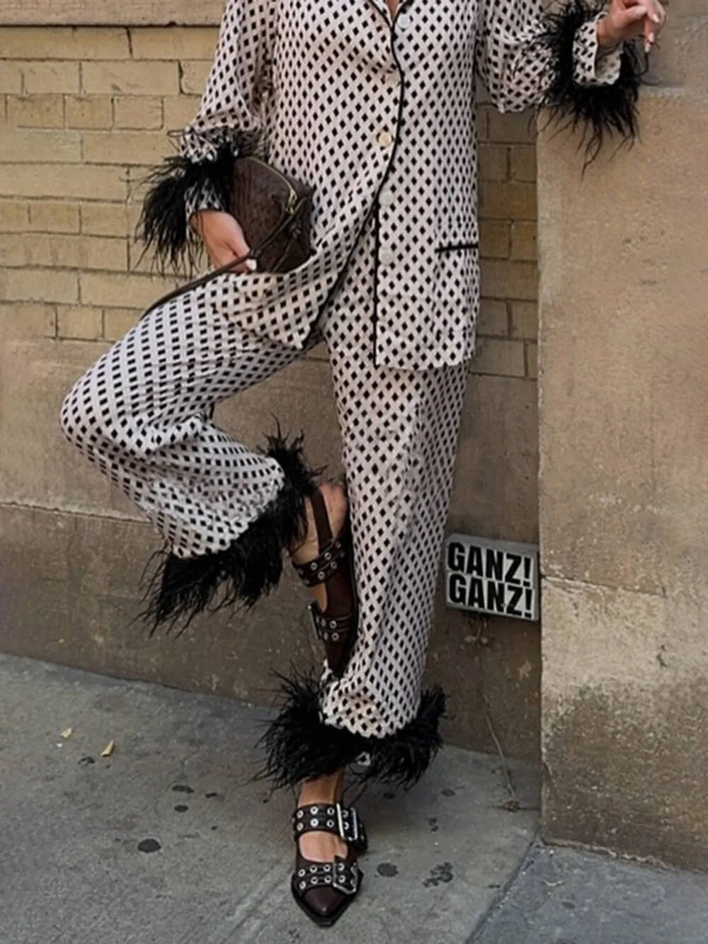 Unique Geometric Printed Feather Trim Blazer