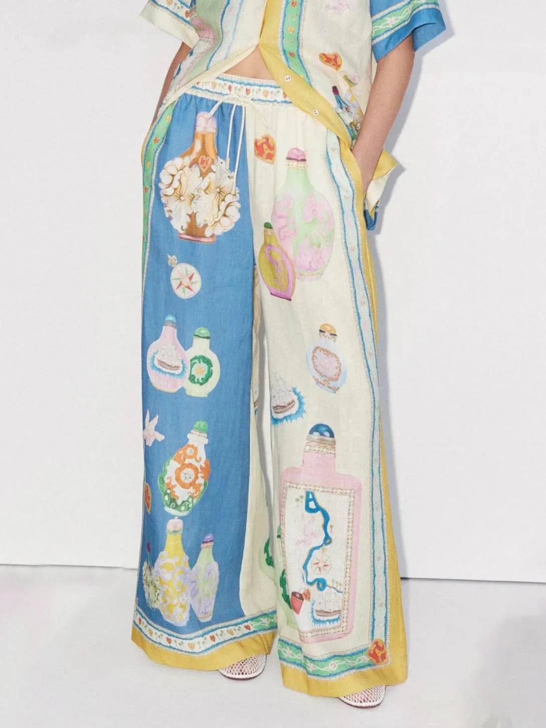 Exquisite Vintage Court Painted Print Wide Leg Pants