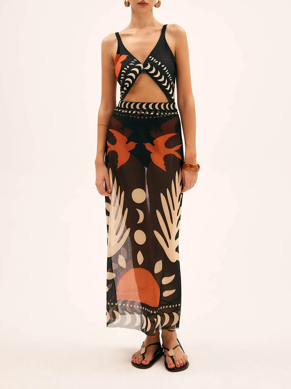 Unique Bird Print Mesh Cover Up Maxi Skirt