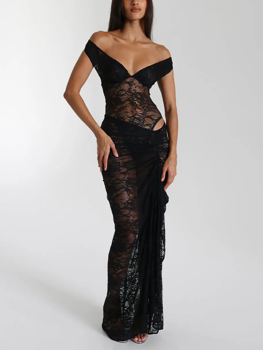 Sexy Lace Bodysuit Skirt Gathered Maxi Skirt Two-Piece Set