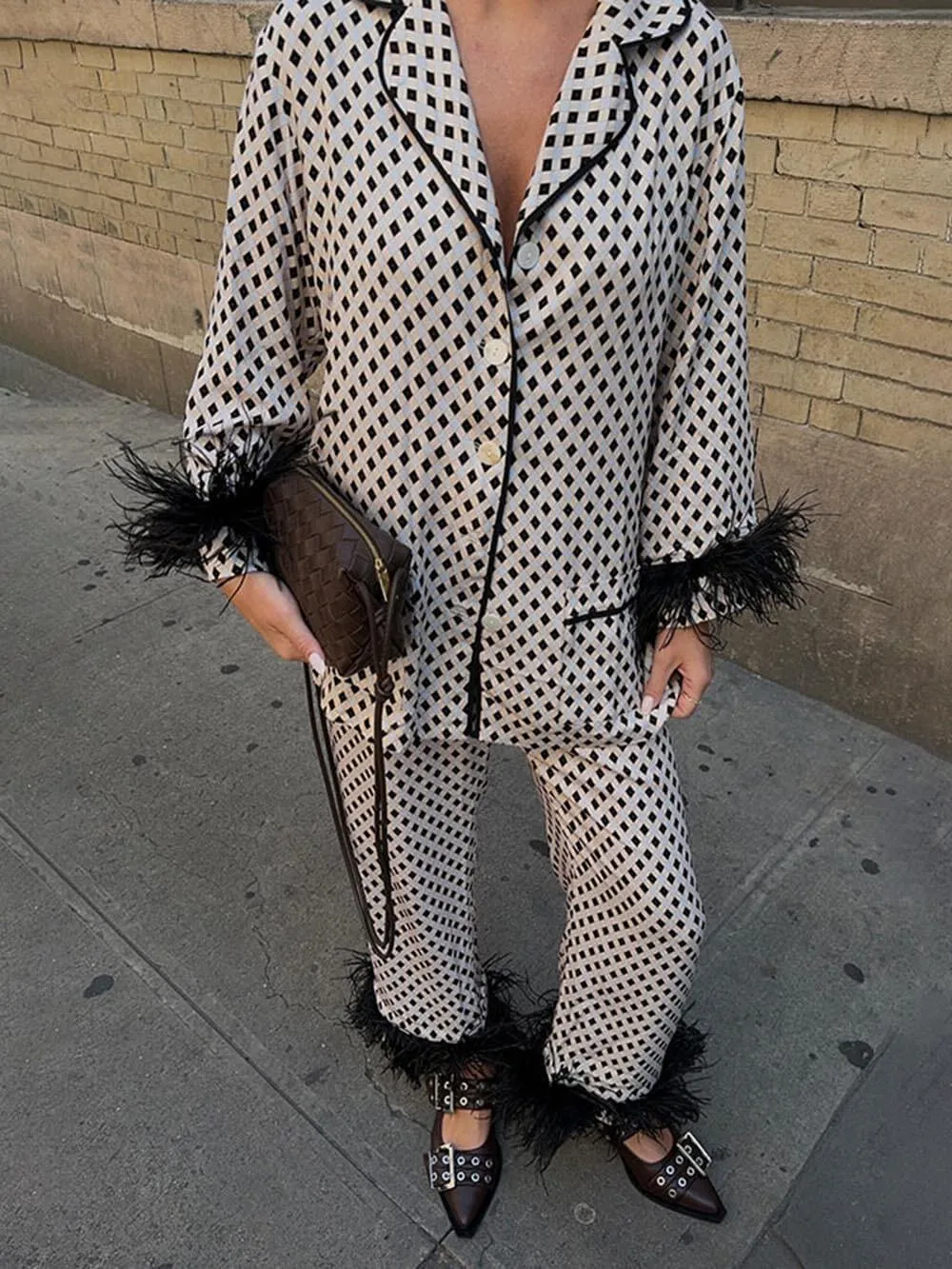 Unique Geometric Printed Feather Trim Blazer