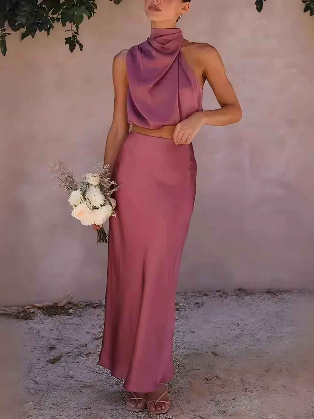 Elegant Such A Vibe High Neck Satin Drape Maxi Skirt Set